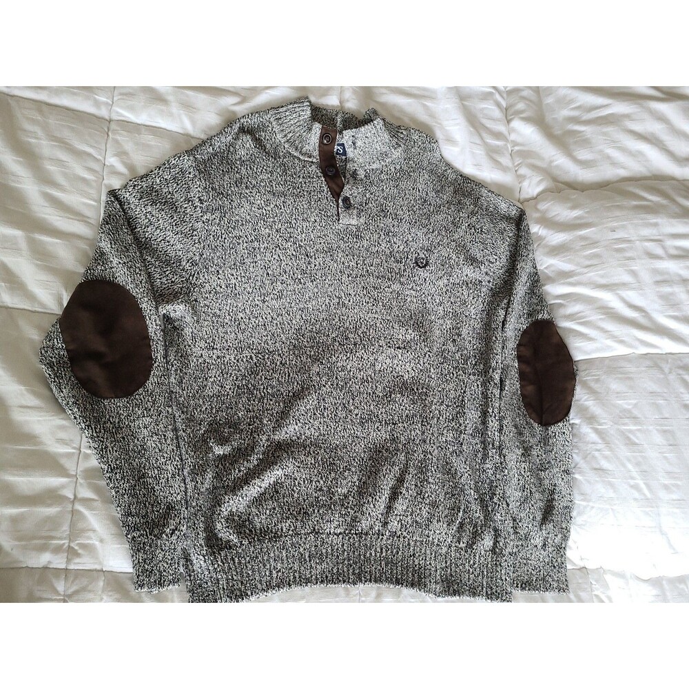 Chaps Sweater Mens Large Black 1/4 Button Long Sleeve Elbow Patches Gray Knit